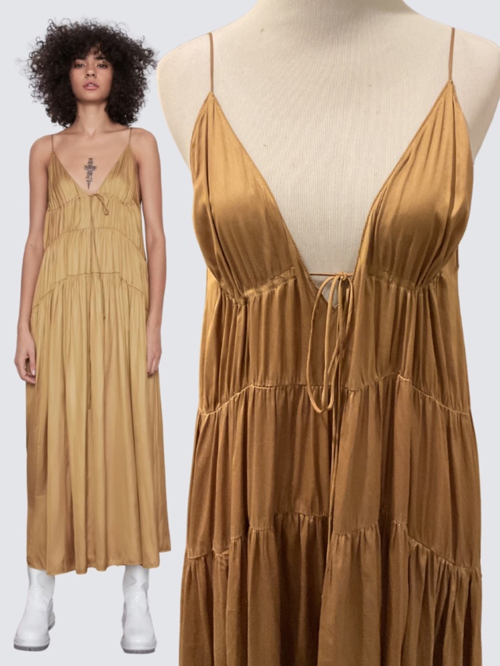 Zara Voluminous Satin Effect Dress Gold Tiered Maxi Dress M-L